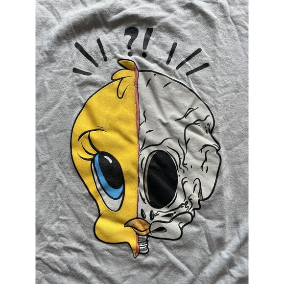 Tweety Bird X Black Keys Split Skull Mens T-Shirt Large Gray Cotton Looney Tunes - Picture 1 of 4